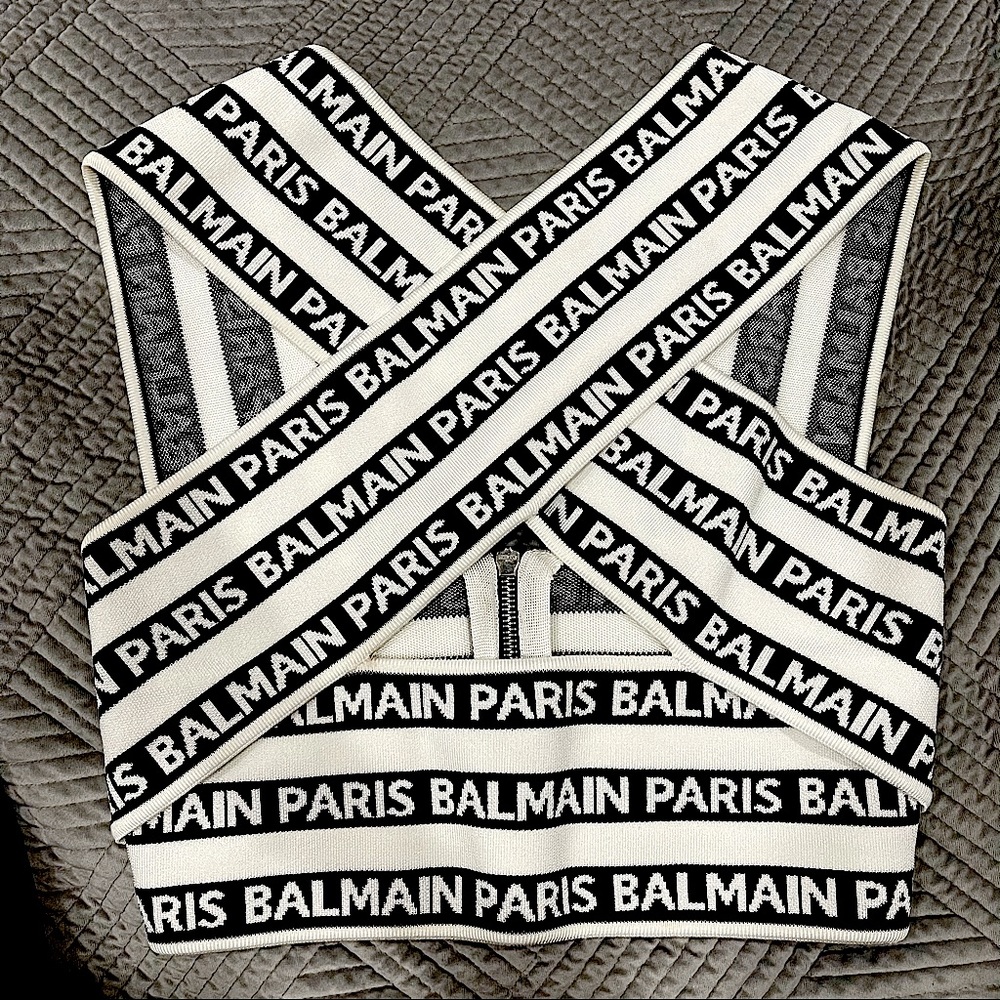 BALMAIN Black & White Wrap Crossover Logo Crop Top